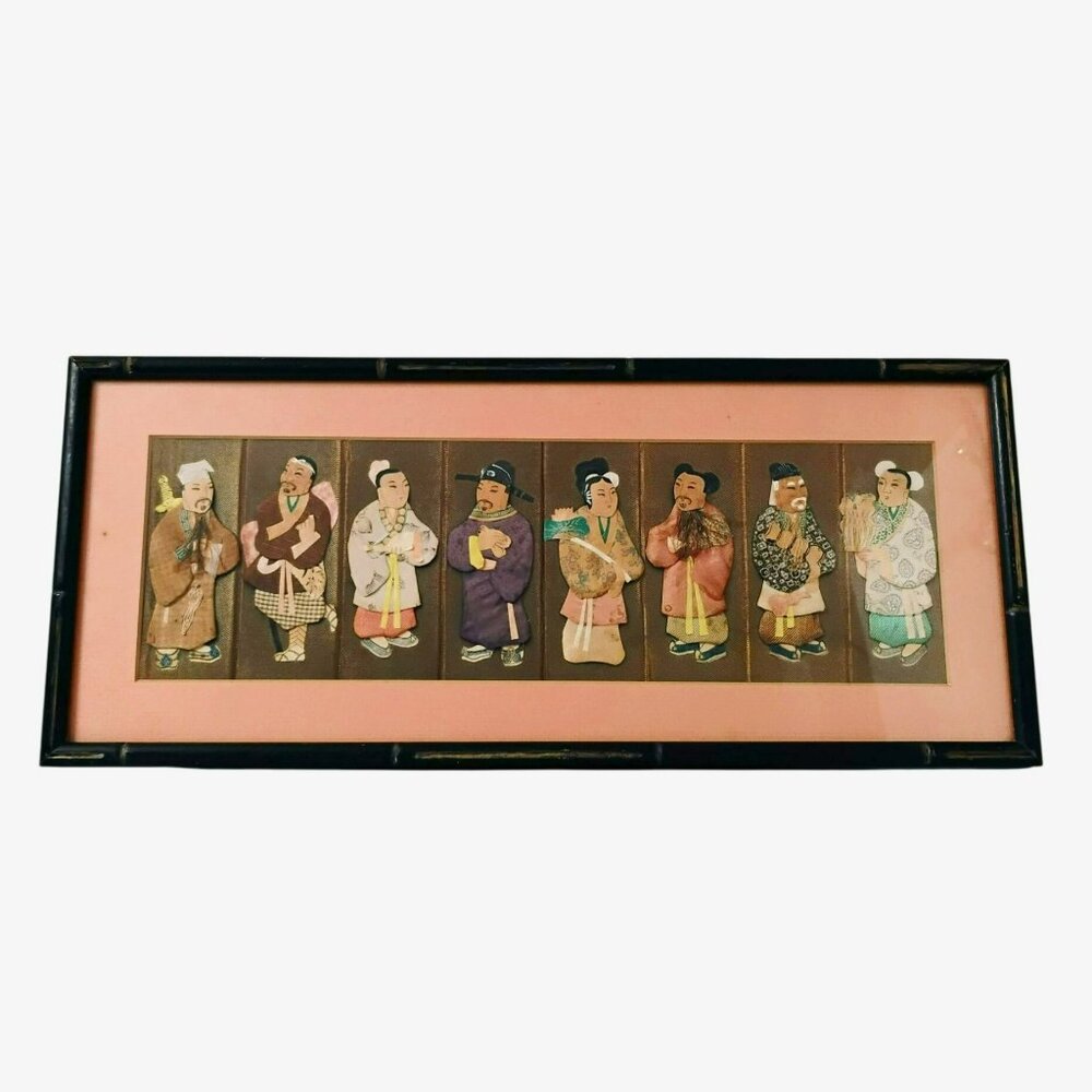 Antique Framed Eight Chinese Silk Cloth Hair Paper Dolls 1930s Vintage Wall Art
